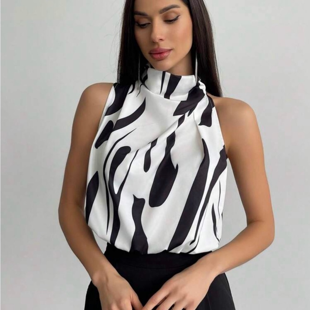 Stand Collar Black and White Women's Top